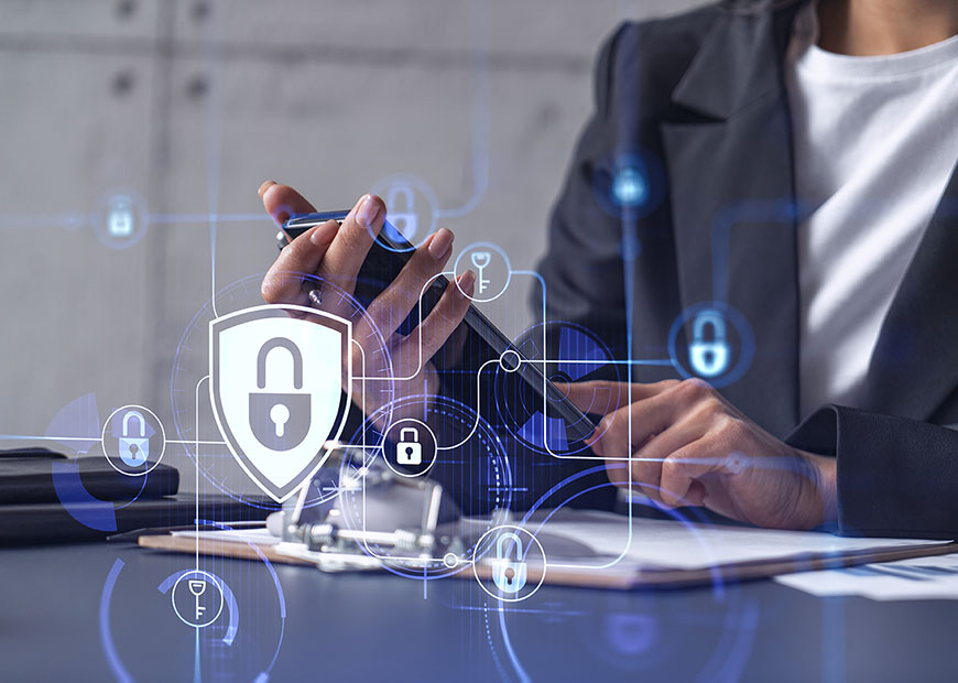 image of person using phone with lock icons in foreground